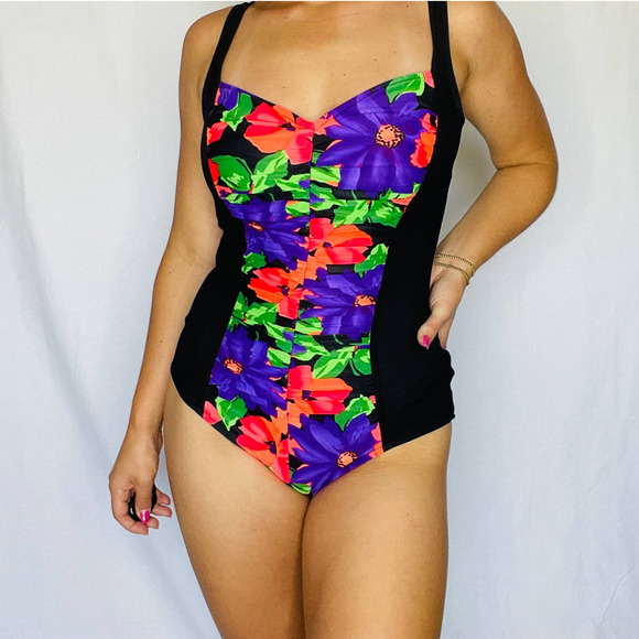 Vintage Swim Vintage Retro Floral Carol Wior Black One Piece